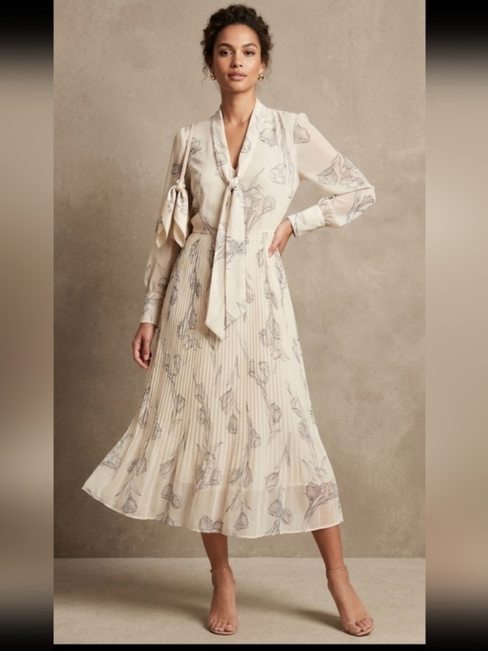 a new day Cream Floral Tie-Neck Pleated Long Sleeve Dress